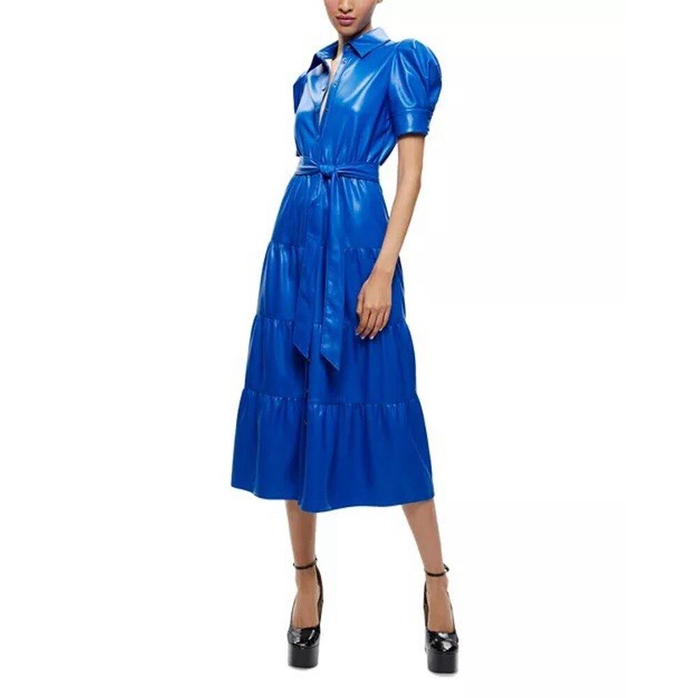 Alice and Olivia Miranda Vegan Leather Tiered Dress In Sapphire Size 0